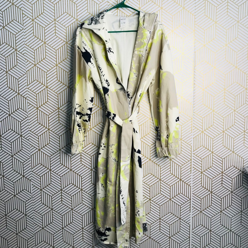 Rare/Self Zip Front Hooded Belted Jacket Sz 1/US XS Multicolor Abstract Print